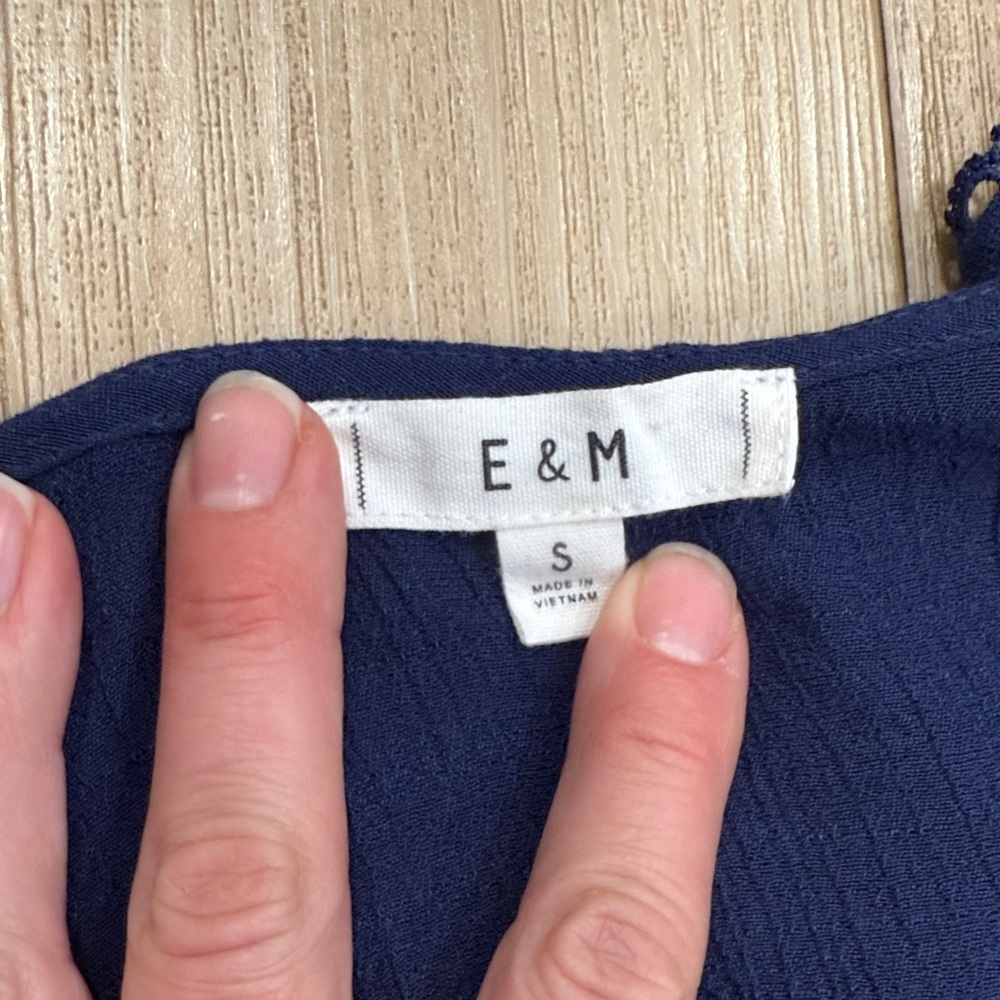 E&M Ruffle Collared Navy Blouse - Picture 2 of 7